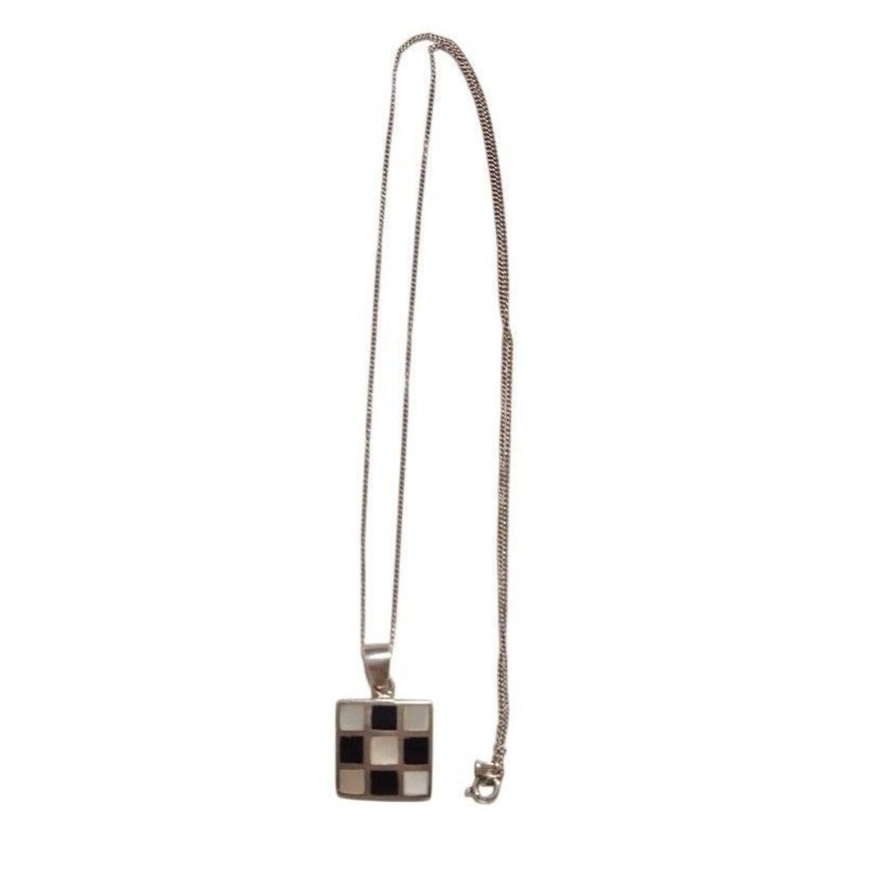 Vtg Sterling Silver 925 Pendant Necklace Square MOP Onyx Checkered NS1 - Picture 4 of 9